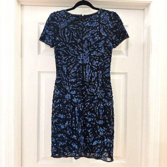 ADRIANNA PAPELL BLUE SEQUIN BEADED MESH SHORT MINI COCKTAIL DRESS 4 - Picture 8 of 10
